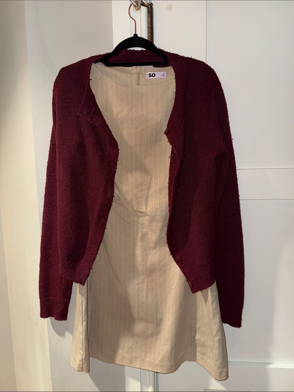 Full Outfit! Maroon Open-Front Cardigan and Shift dress with pin stripes.
